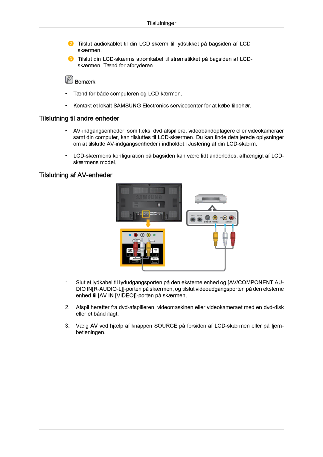 Samsung LH65MGQLBF/EN manual Tilslutning til andre enheder, Tilslutning af AV-enheder 
