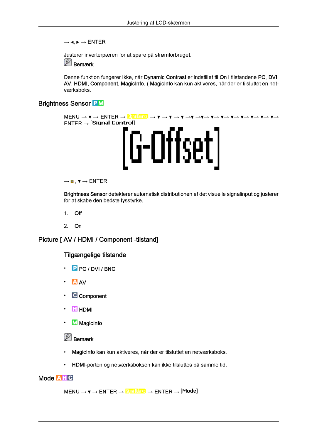 Samsung LH65MGQLBF/EN manual Brightness Sensor, Mode 