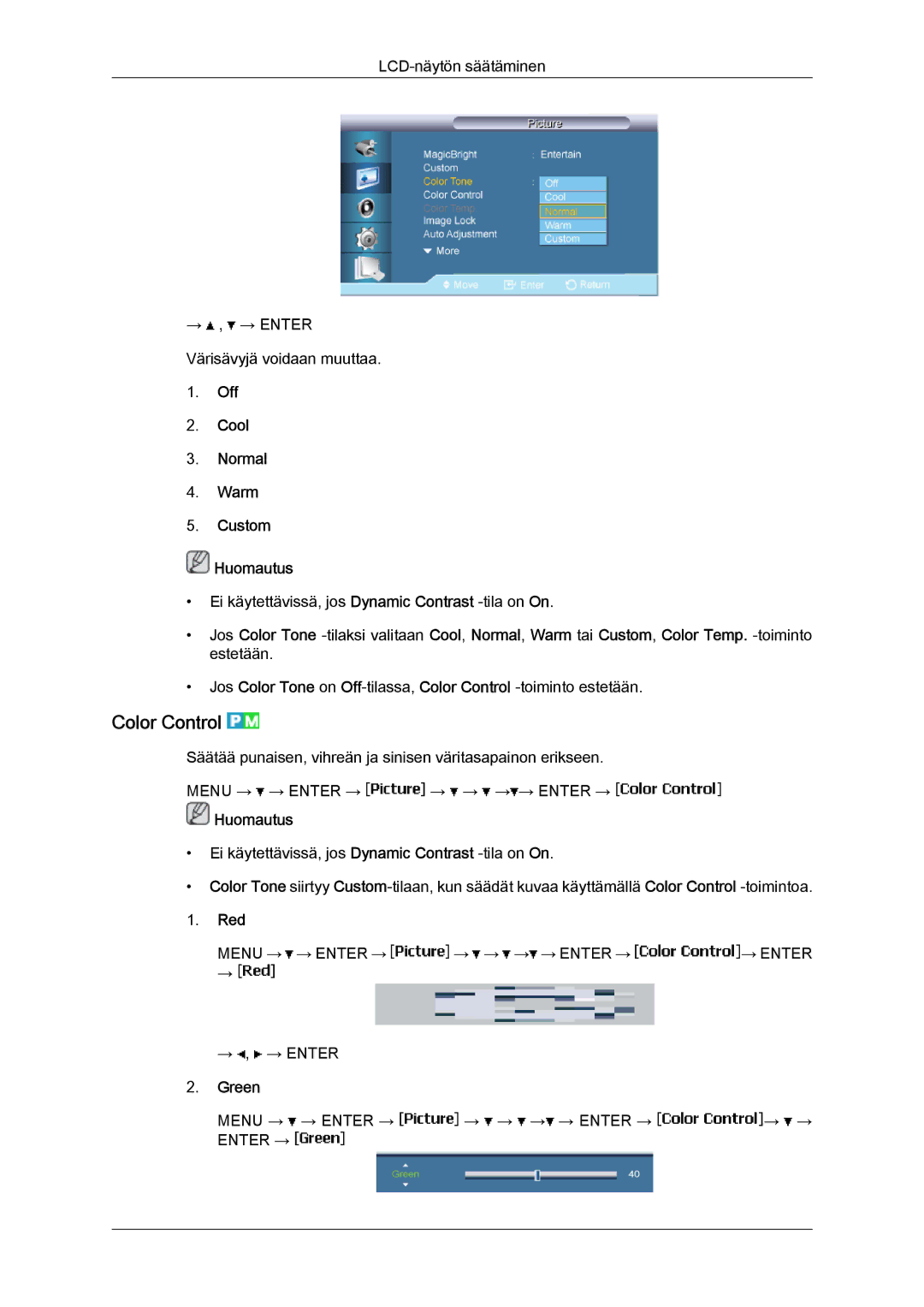 Samsung LH65MGQLBF/EN manual Color Control, Off Cool Normal Warm Custom Huomautus, Red, Green 