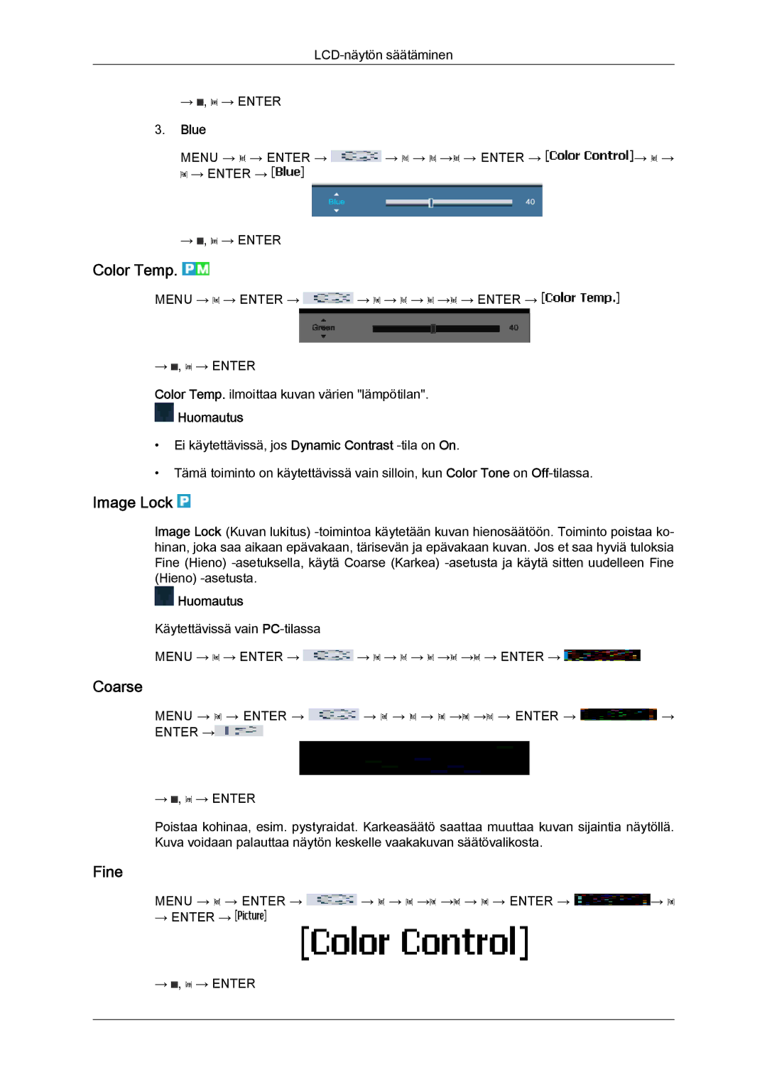 Samsung LH65MGQLBF/EN manual Color Temp, Image Lock, Coarse, Fine, Blue 