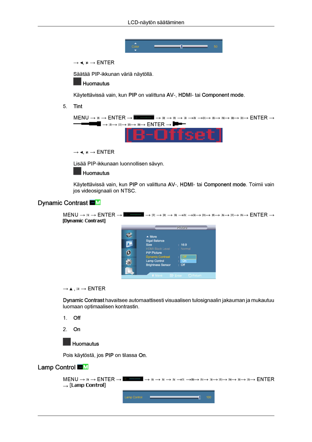 Samsung LH65MGQLBF/EN manual Dynamic Contrast, Lamp Control, Tint, Off Huomautus 