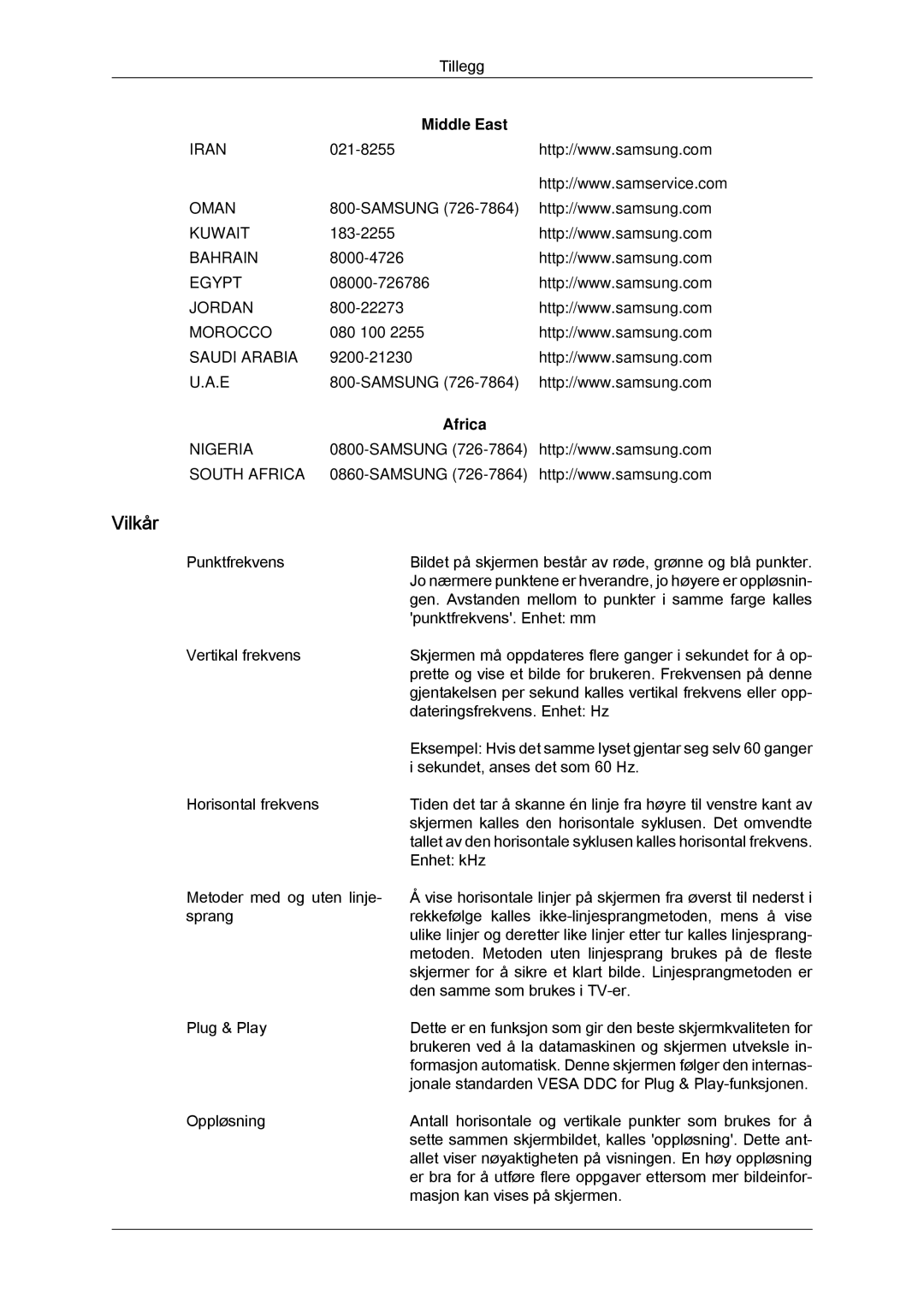 Samsung LH65MGQLBF/EN manual Vilkår, Middle East, Africa 