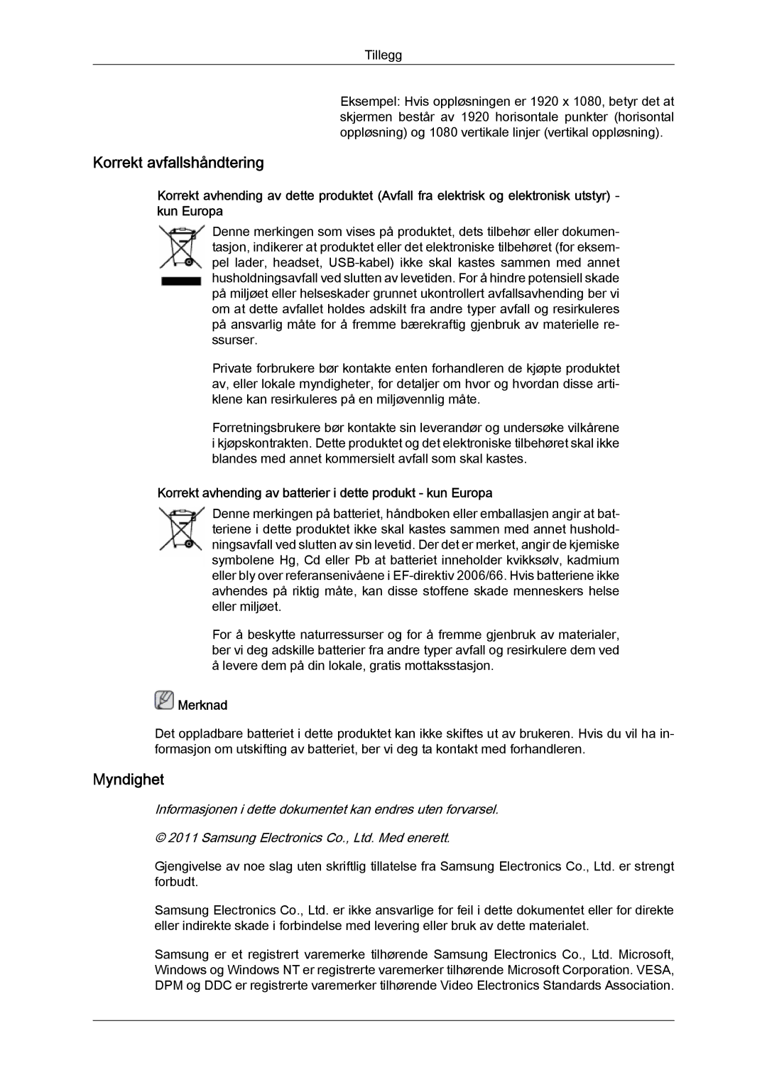 Samsung LH65MGQLBF/EN Korrekt avfallshåndtering, Myndighet, Korrekt avhending av batterier i dette produkt kun Europa 