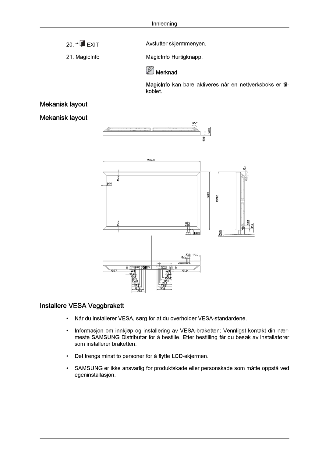 Samsung LH65MGQLBF/EN manual Installere Vesa Veggbrakett, Mekanisk layout Mekanisk layout 