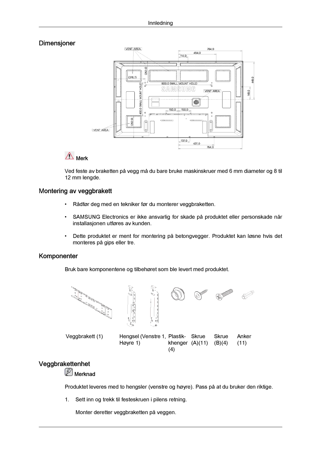 Samsung LH65MGQLBF/EN manual Dimensjoner, Montering av veggbrakett, Komponenter, Veggbrakettenhet, Merk 