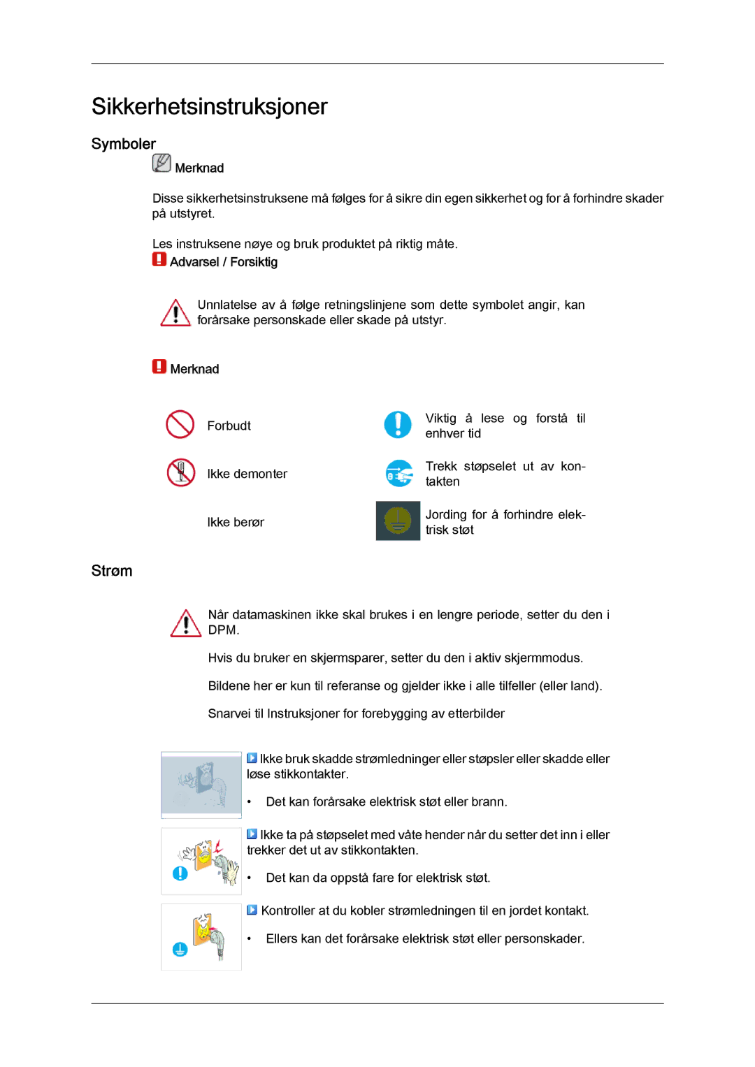 Samsung LH65MGQLBF/EN manual Symboler, Strøm, Merknad 