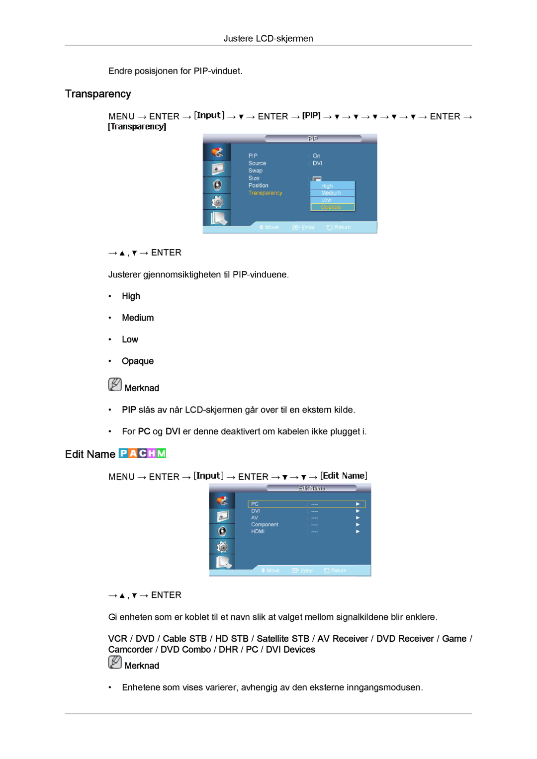 Samsung LH65MGQLBF/EN manual Transparency, Edit Name, High Medium Low Opaque Merknad 