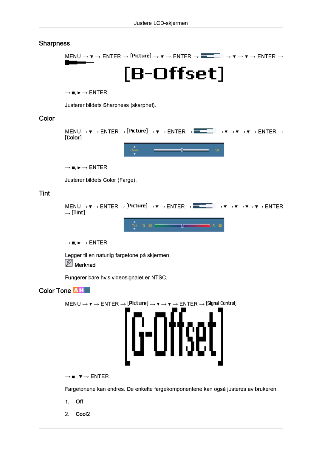 Samsung LH65MGQLBF/EN manual Sharpness, Color, Tint, Off Cool2 