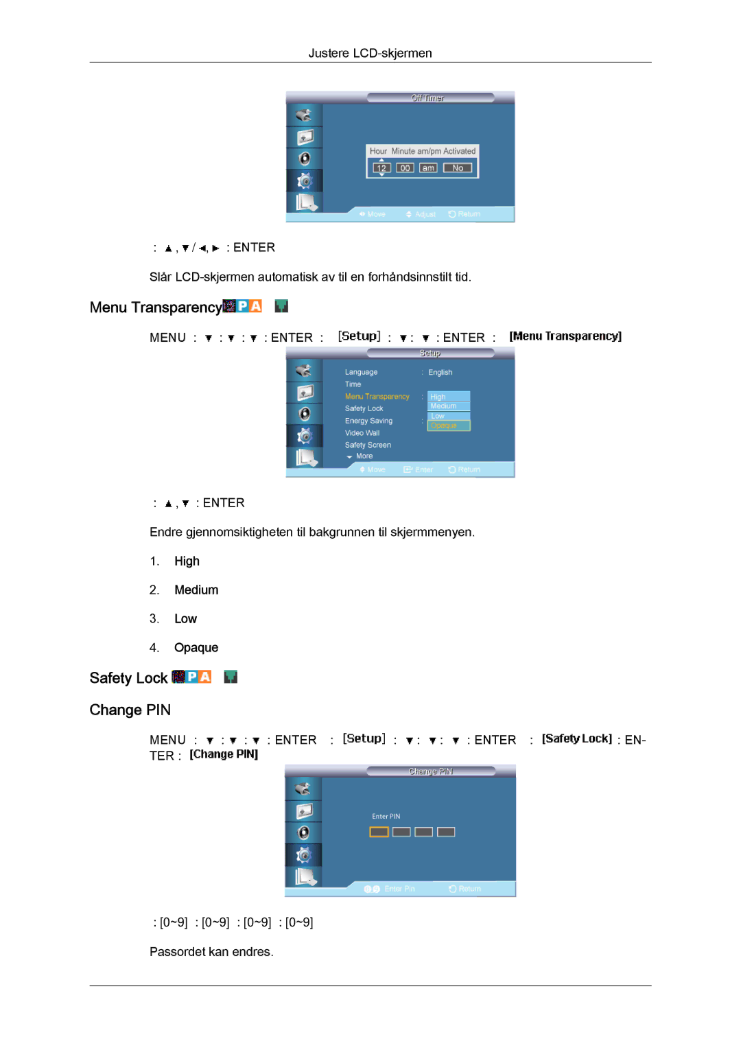 Samsung LH65MGQLBF/EN manual Menu Transparency, Safety Lock Change PIN, High Medium Low Opaque 