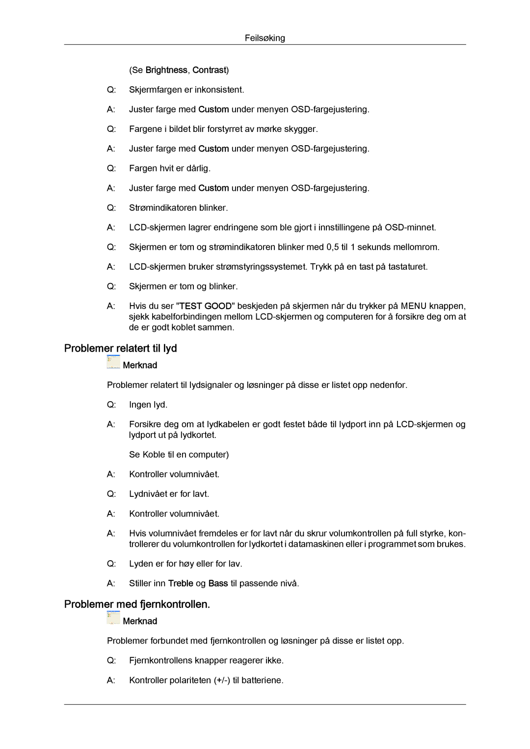 Samsung LH65MGQLBF/EN manual Problemer relatert til lyd, Problemer med fjernkontrollen, Se Brightness, Contrast 