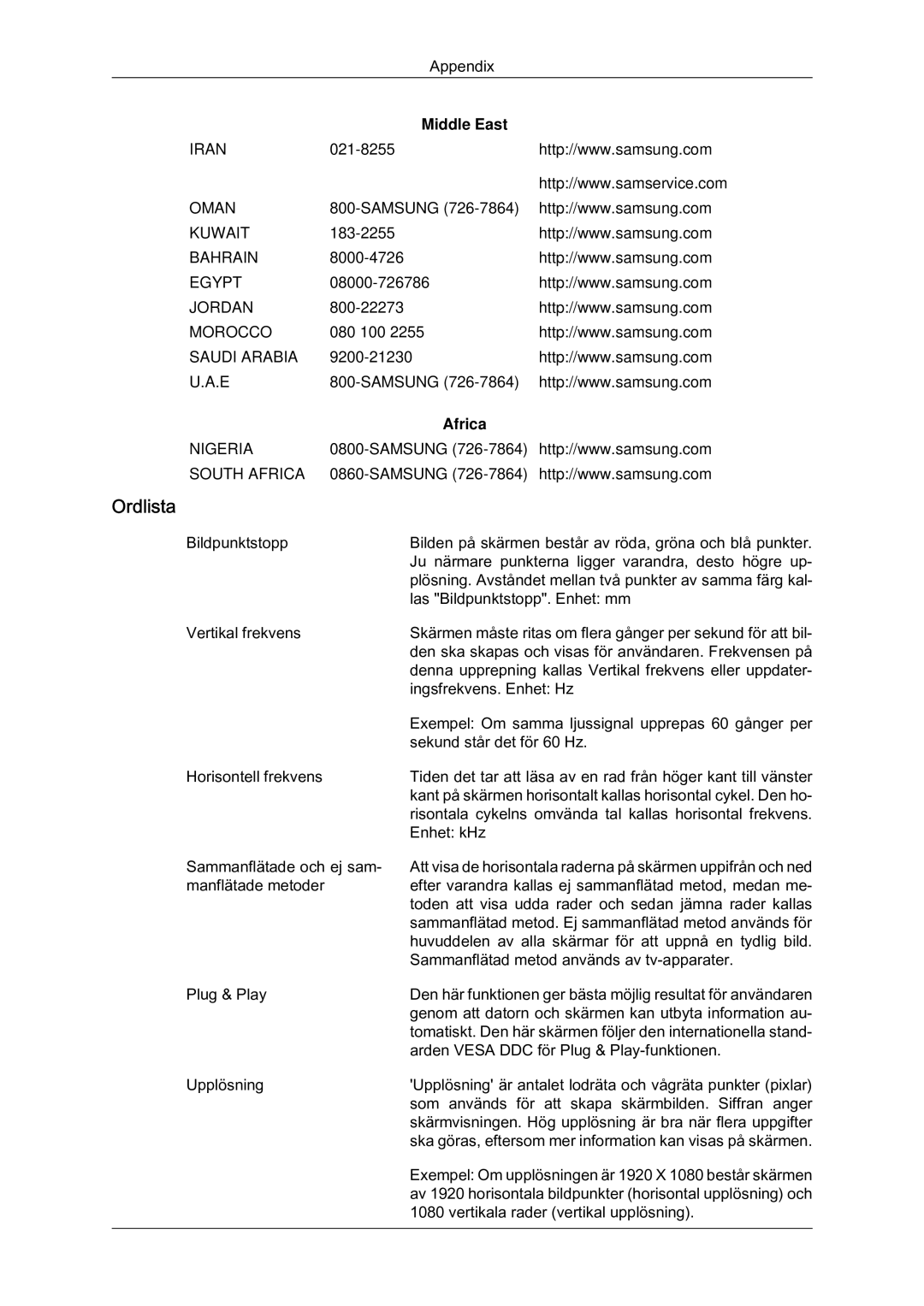 Samsung LH65MGQLBF/EN manual Ordlista, Middle East, Africa 