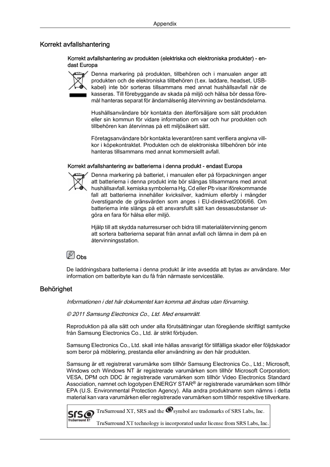 Samsung LH65MGQLBF/EN manual Korrekt avfallshantering, Behörighet 