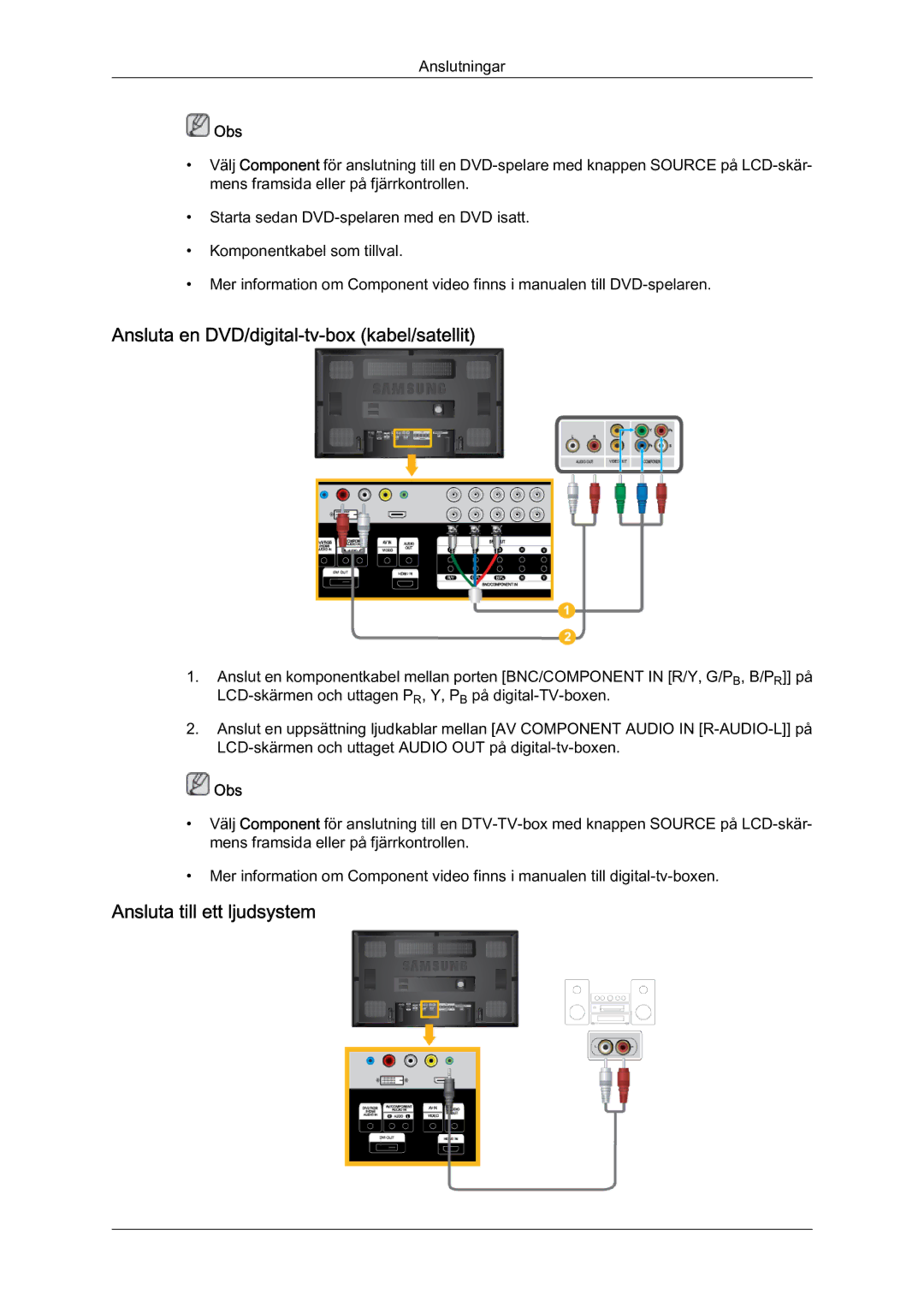 Samsung LH65MGQLBF/EN manual Ansluta en DVD/digital-tv-box kabel/satellit, Ansluta till ett ljudsystem 