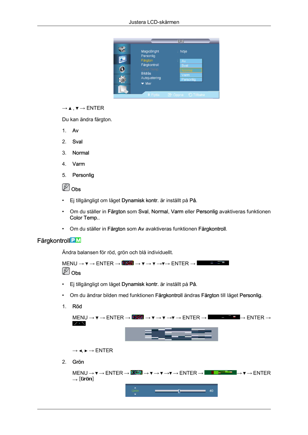 Samsung LH65MGQLBF/EN manual Färgkontroll, Sval Normal Varm Personlig Obs, Röd, Grön 