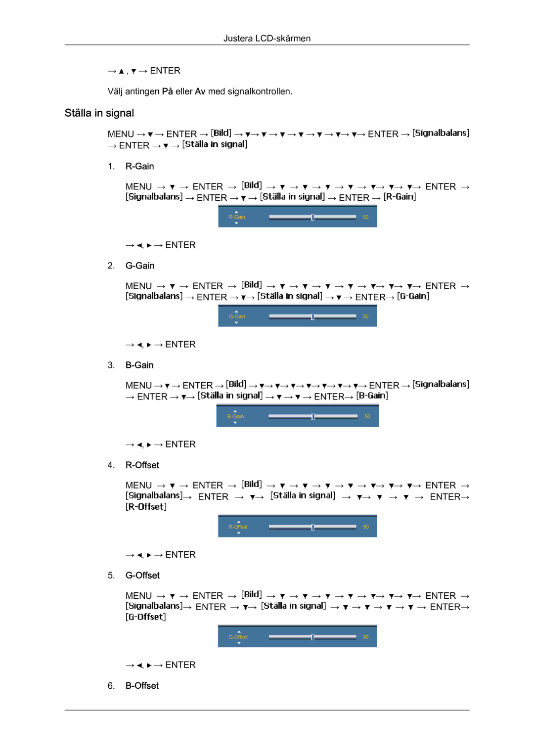 Samsung LH65MGQLBF/EN manual Ställa in signal, Gain, Offset 