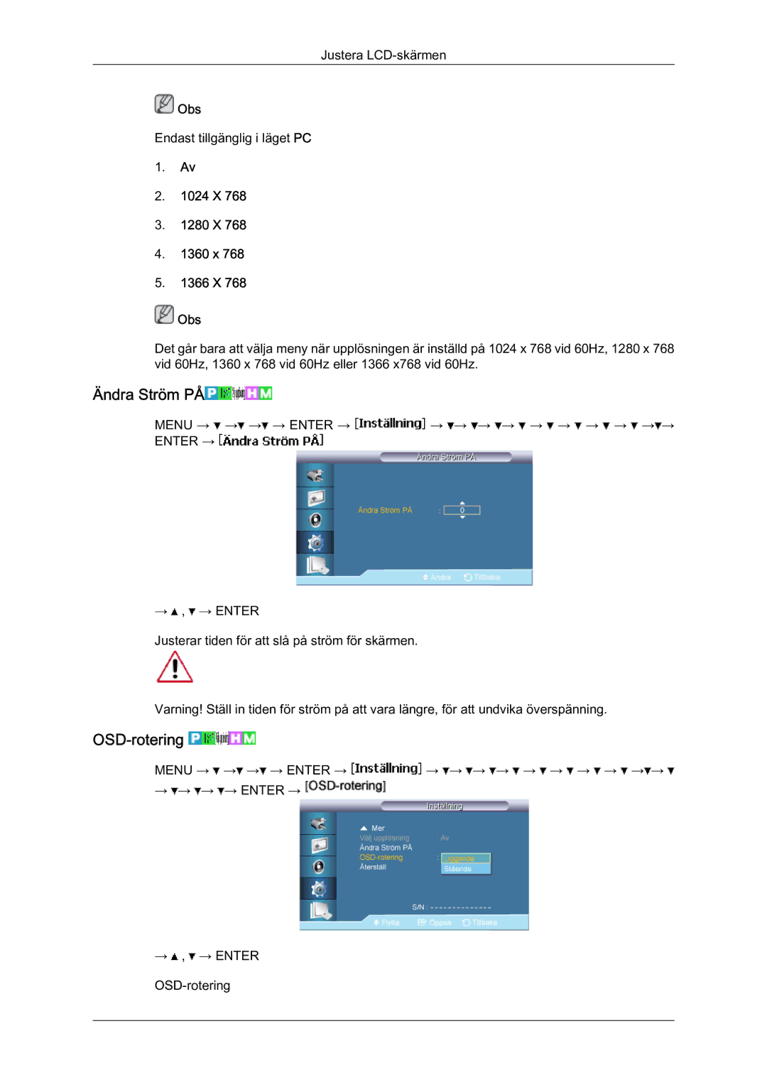 Samsung LH65MGQLBF/EN manual Ändra Ström PÅ, OSD-rotering, 1024 X 1280 X 1360 x 1366 X Obs 