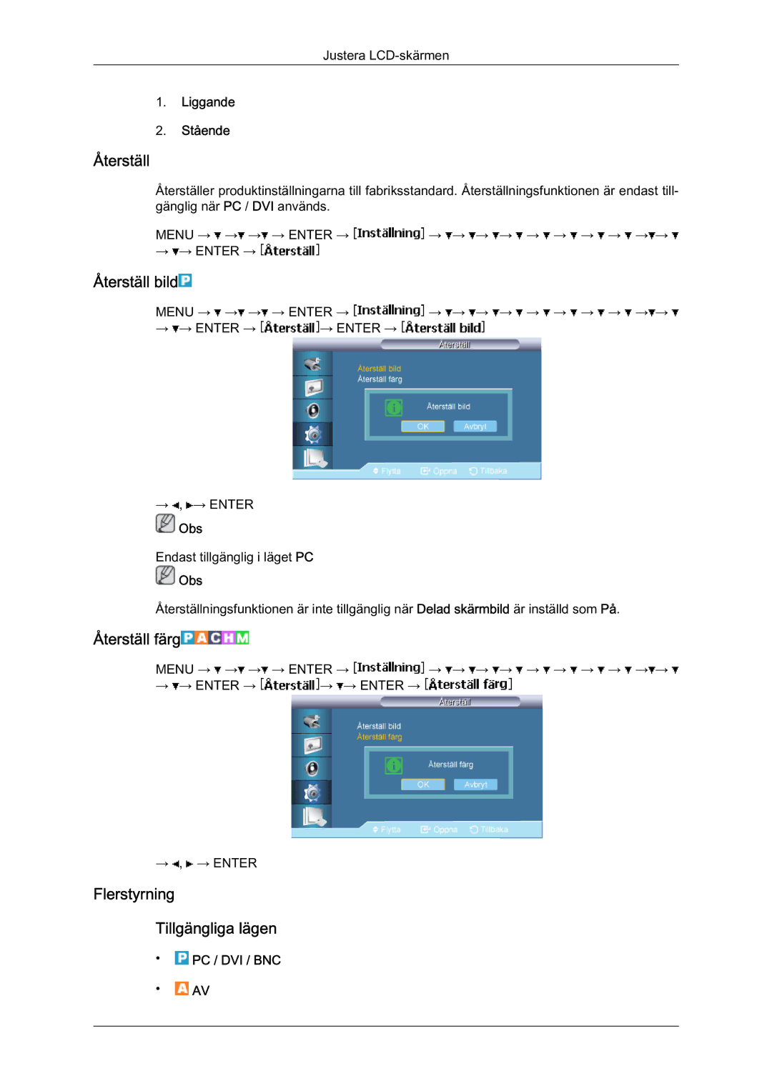 Samsung LH65MGQLBF/EN manual Återställ bild, Återställ färg, Flerstyrning Tillgängliga lägen 