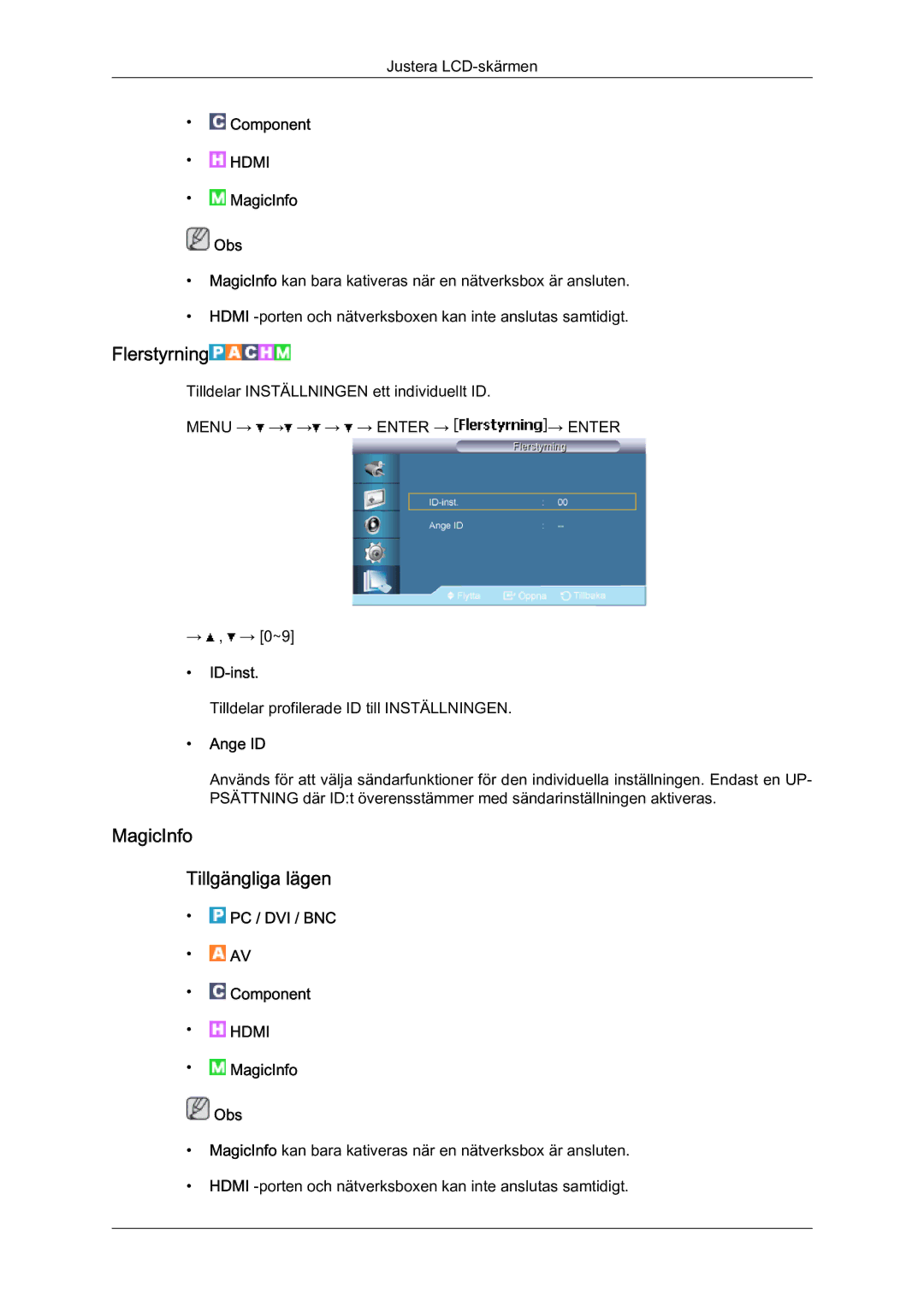 Samsung LH65MGQLBF/EN manual Flerstyrning, MagicInfo Tillgängliga lägen, ID-inst, Ange ID 