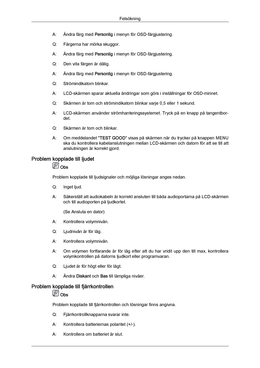 Samsung LH65MGQLBF/EN manual Problem kopplade till ljudet, Problem kopplade till fjärrkontrollen 