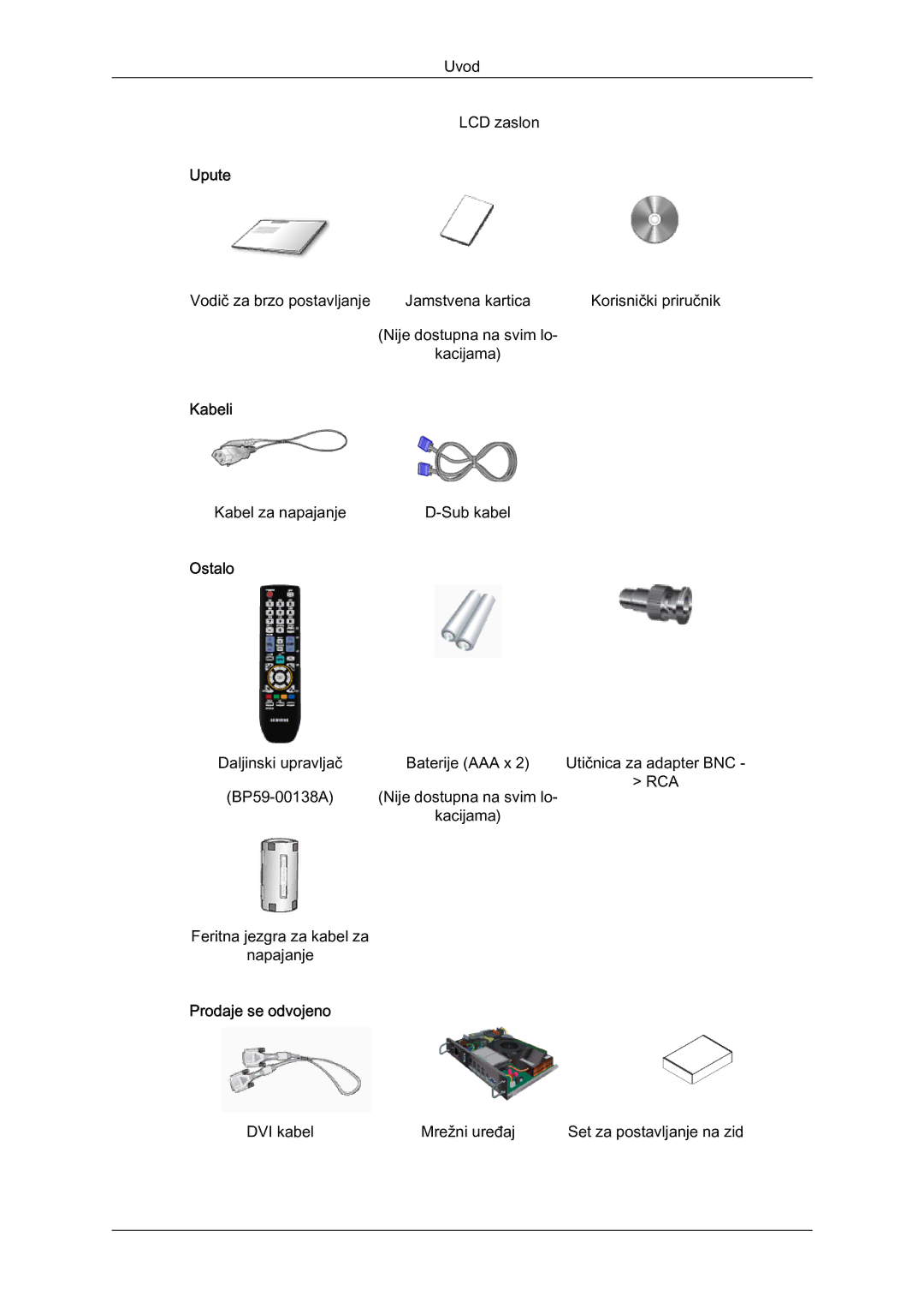 Samsung LH65MGQLBF/EN manual Upute, Kabeli, Ostalo, Prodaje se odvojeno 