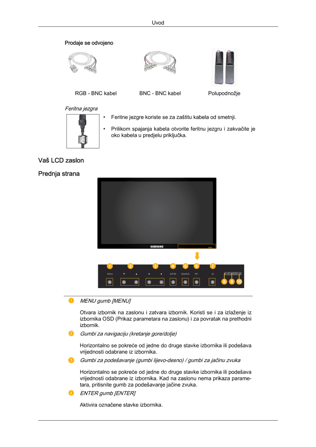 Samsung LH65MGQLBF/EN manual Vaš LCD zaslon Prednja strana, Feritna jezgra 