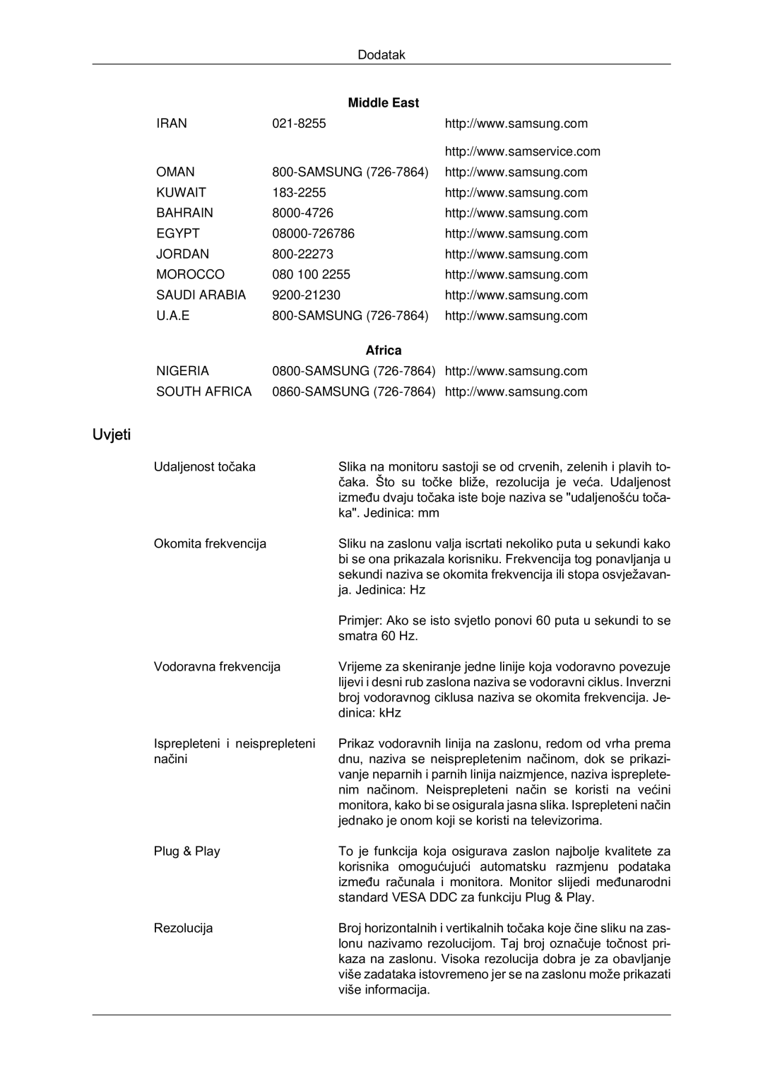 Samsung LH65MGQLBF/EN manual Uvjeti, Middle East, Africa 