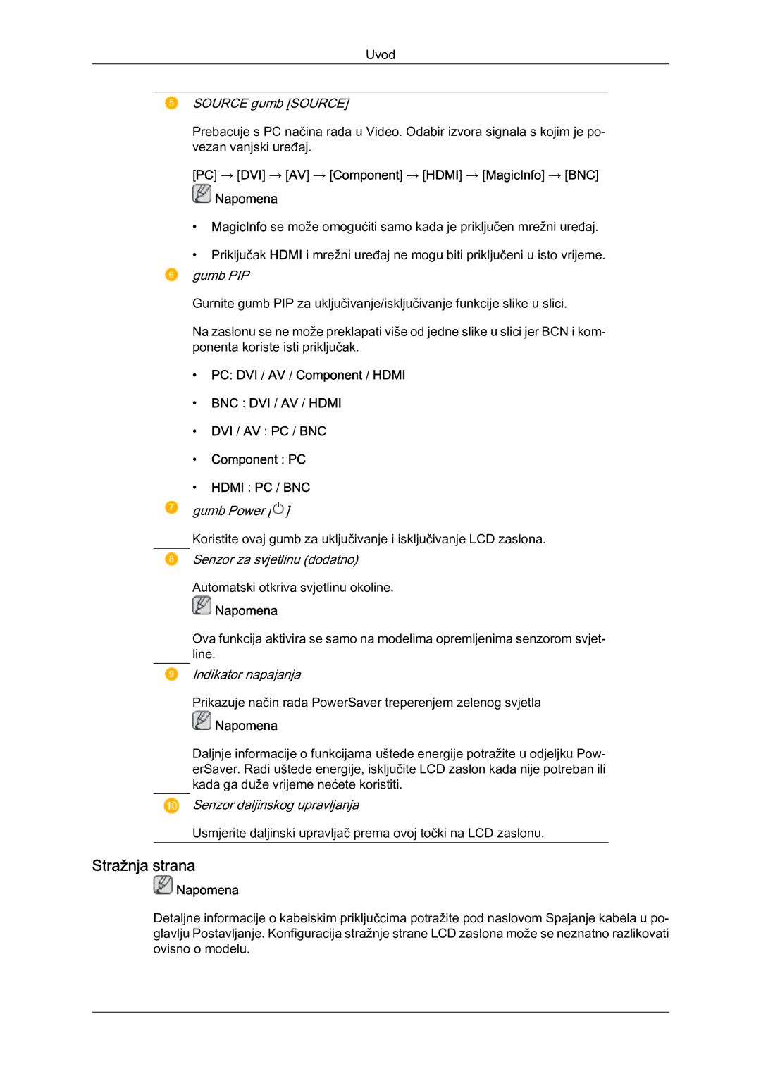 Samsung LH65MGQLBF/EN manual Stražnja strana, PC → DVI → AV → Component → Hdmi → MagicInfo → BNC Napomena 