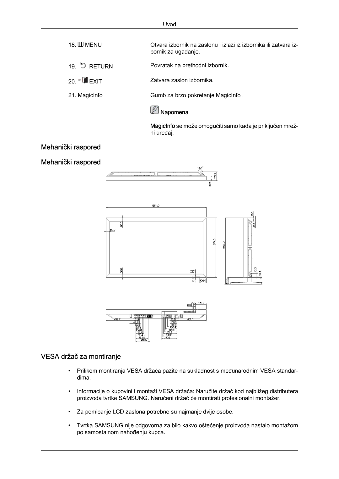 Samsung LH65MGQLBF/EN manual Vesa držač za montiranje, Mehanički raspored Mehanički raspored 