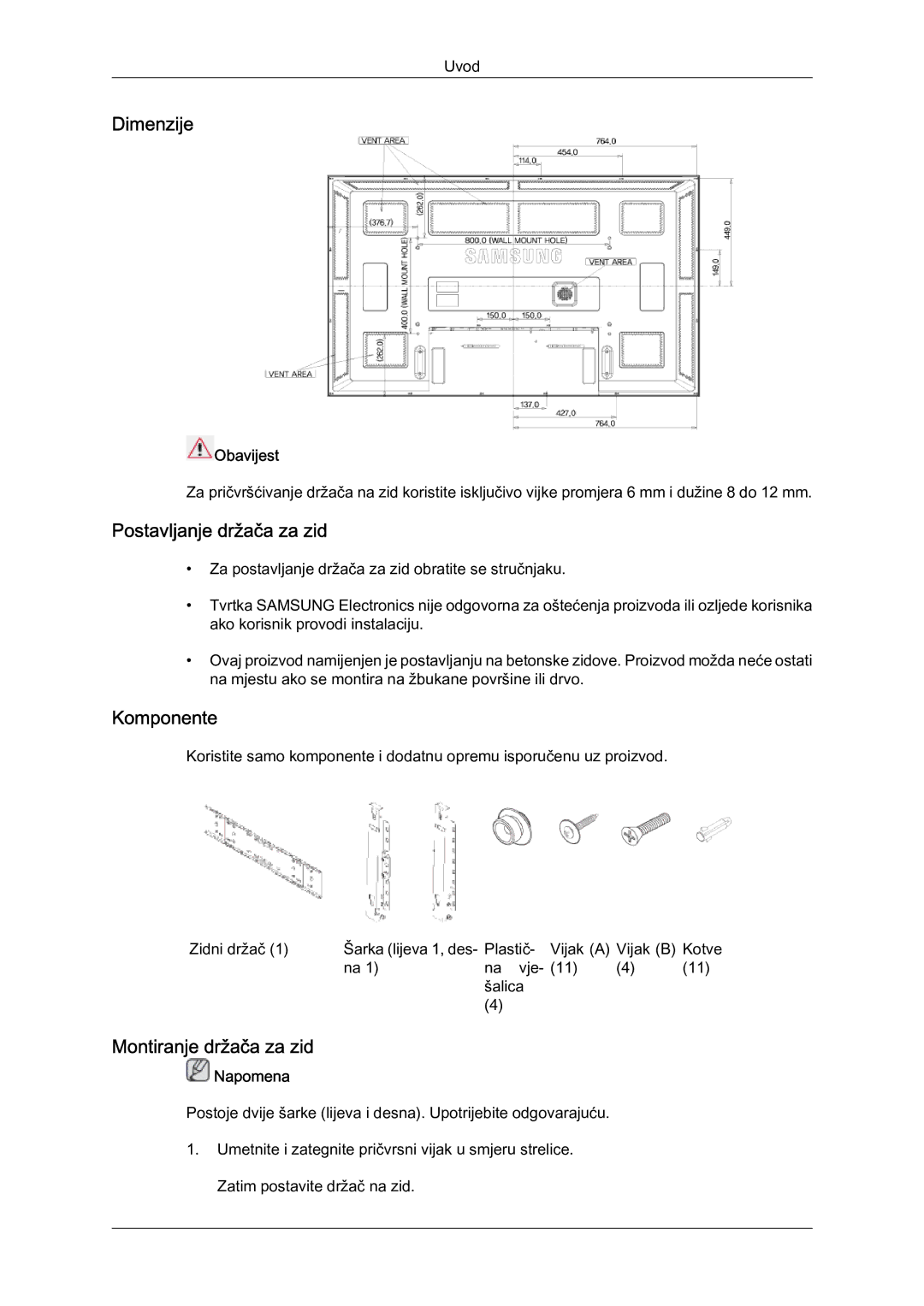 Samsung LH65MGQLBF/EN manual Dimenzije, Postavljanje držača za zid, Komponente, Montiranje držača za zid, Obavijest 