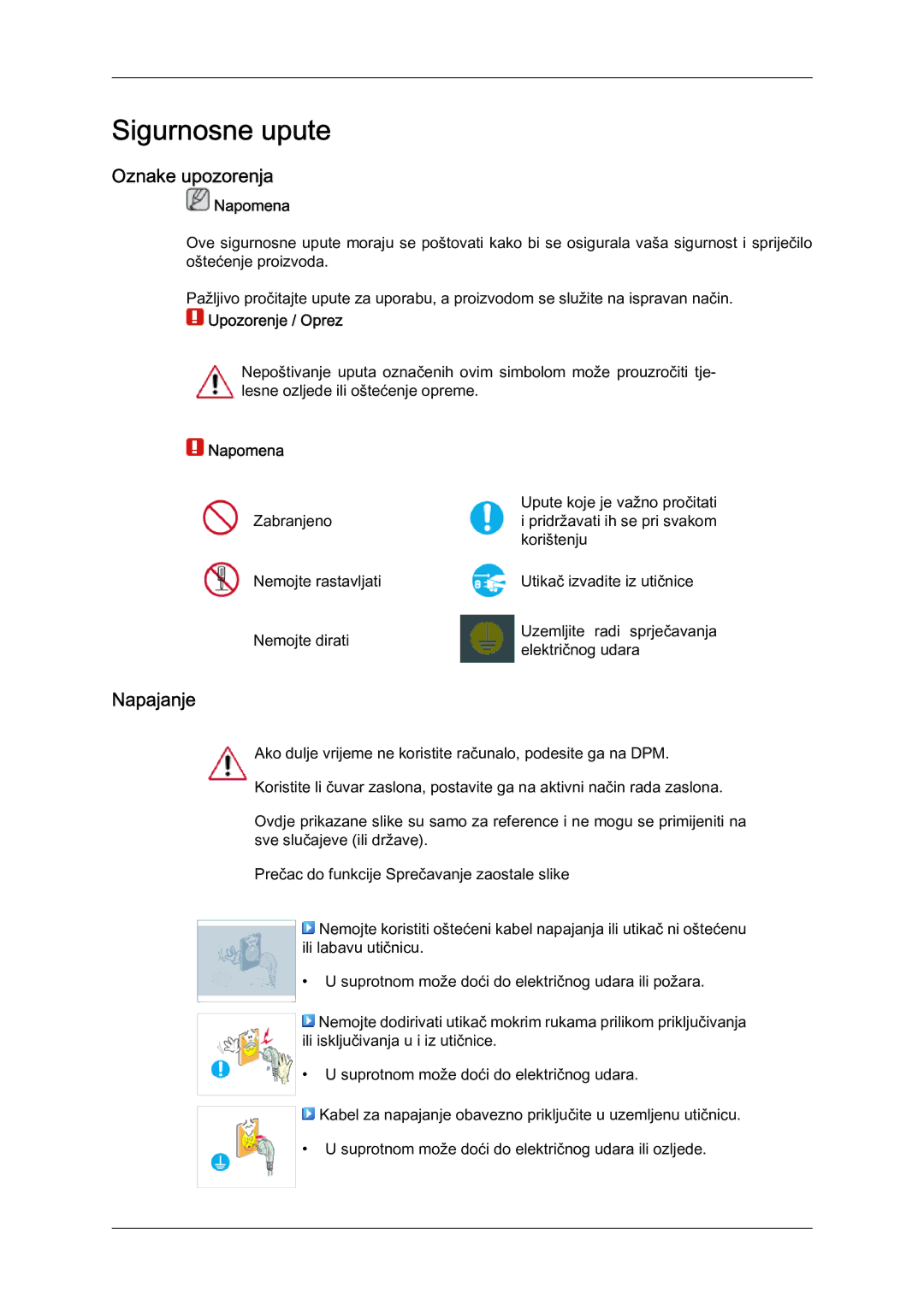 Samsung LH65MGQLBF/EN manual Oznake upozorenja, Napajanje, Napomena, Upozorenje / Oprez 