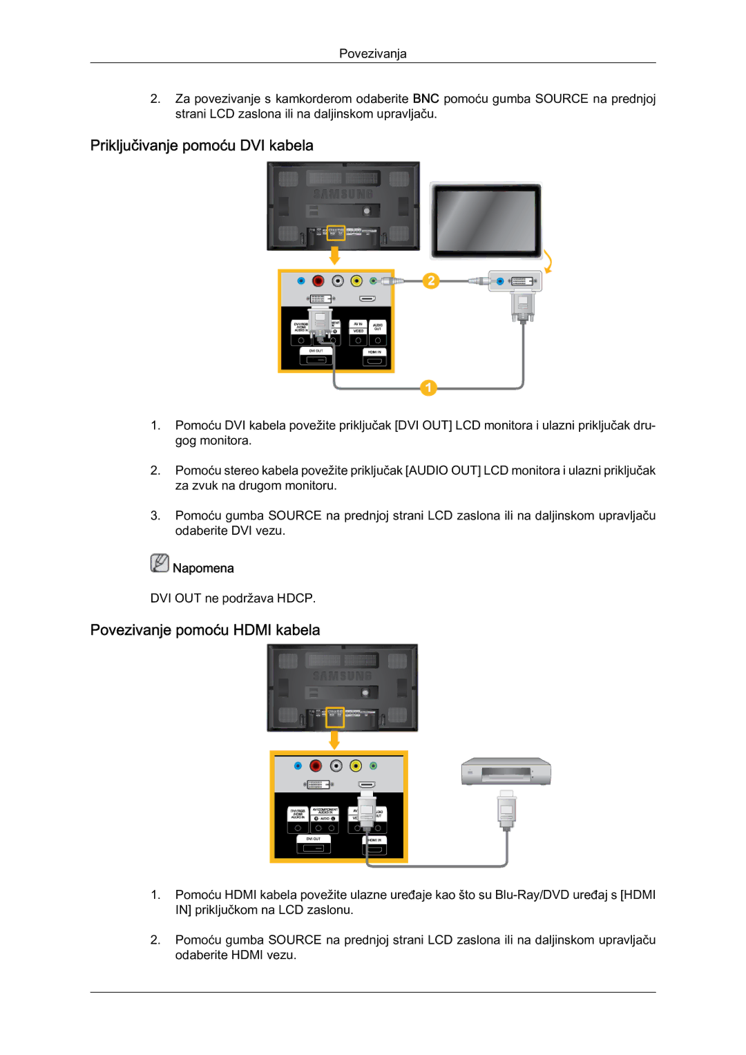 Samsung LH65MGQLBF/EN manual Priključivanje pomoću DVI kabela, Povezivanje pomoću Hdmi kabela 