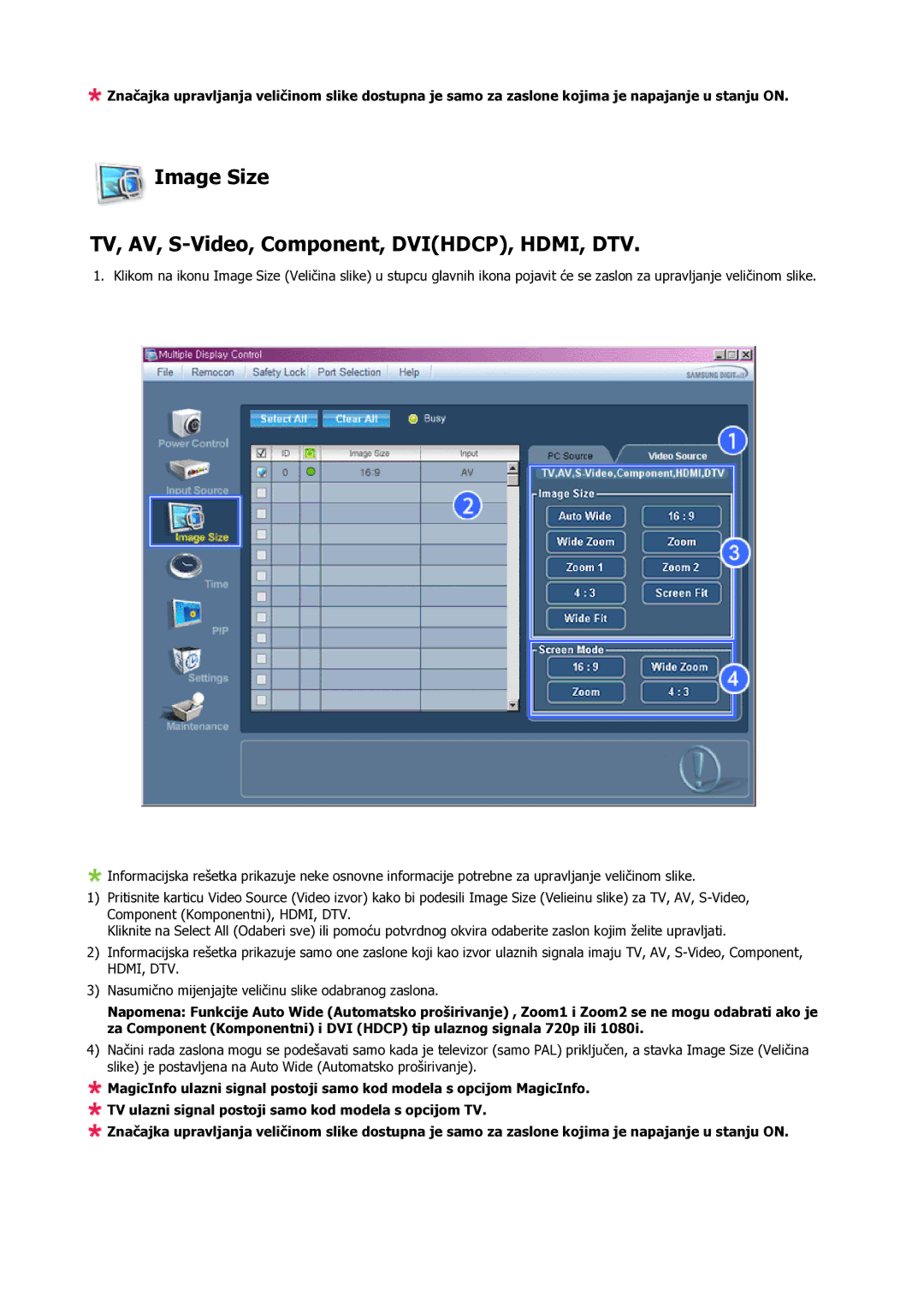 Samsung LH65MGQLBF/EN manual Image Size TV, AV, S-Video, Component, DVIHDCP, HDMI, DTV 