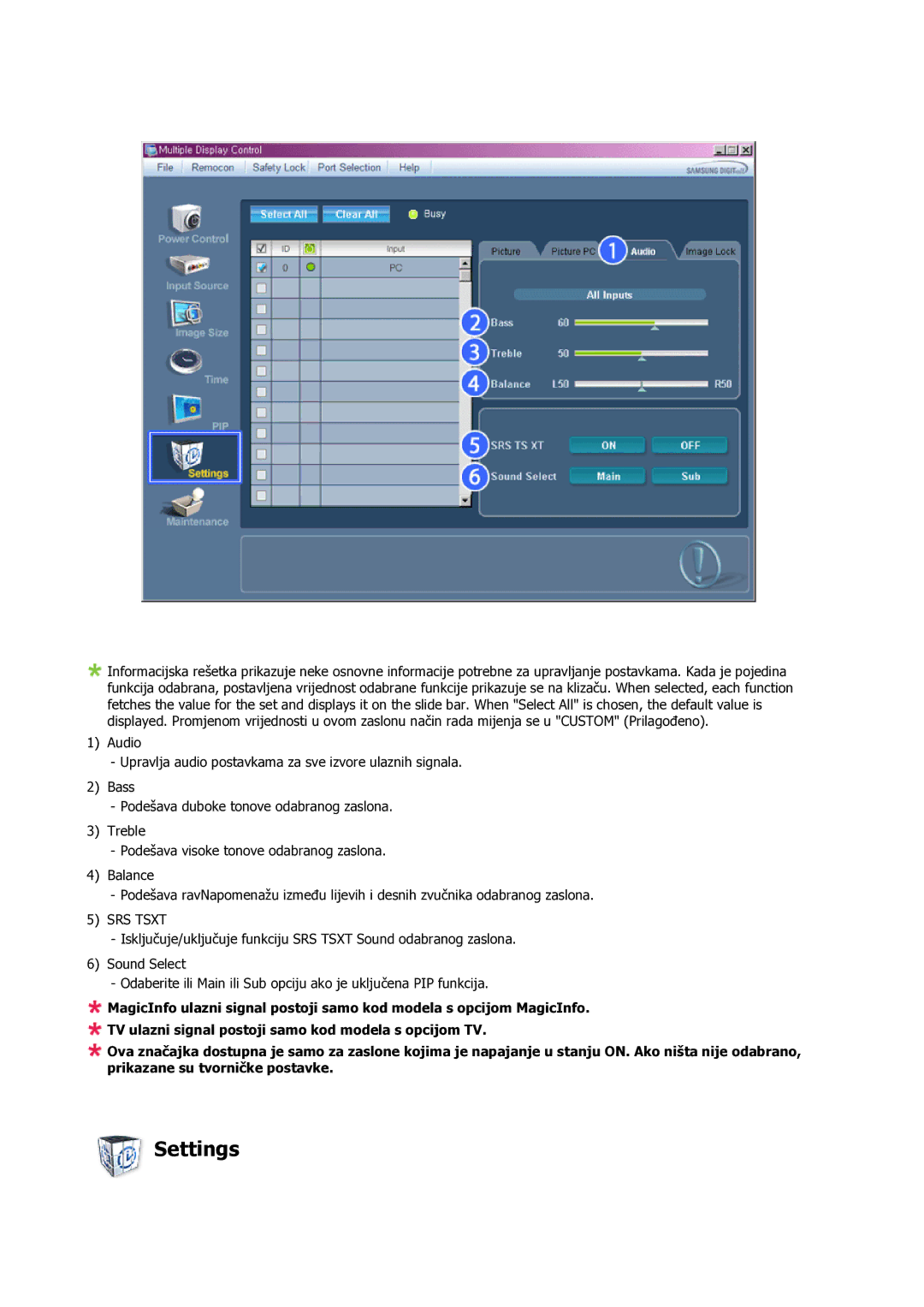 Samsung LH65MGQLBF/EN manual Settings, SRS Tsxt 