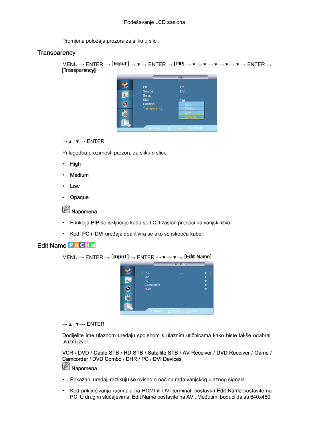 Samsung LH65MGQLBF/EN manual Transparency, Edit Name, High Medium Low Opaque Napomena 