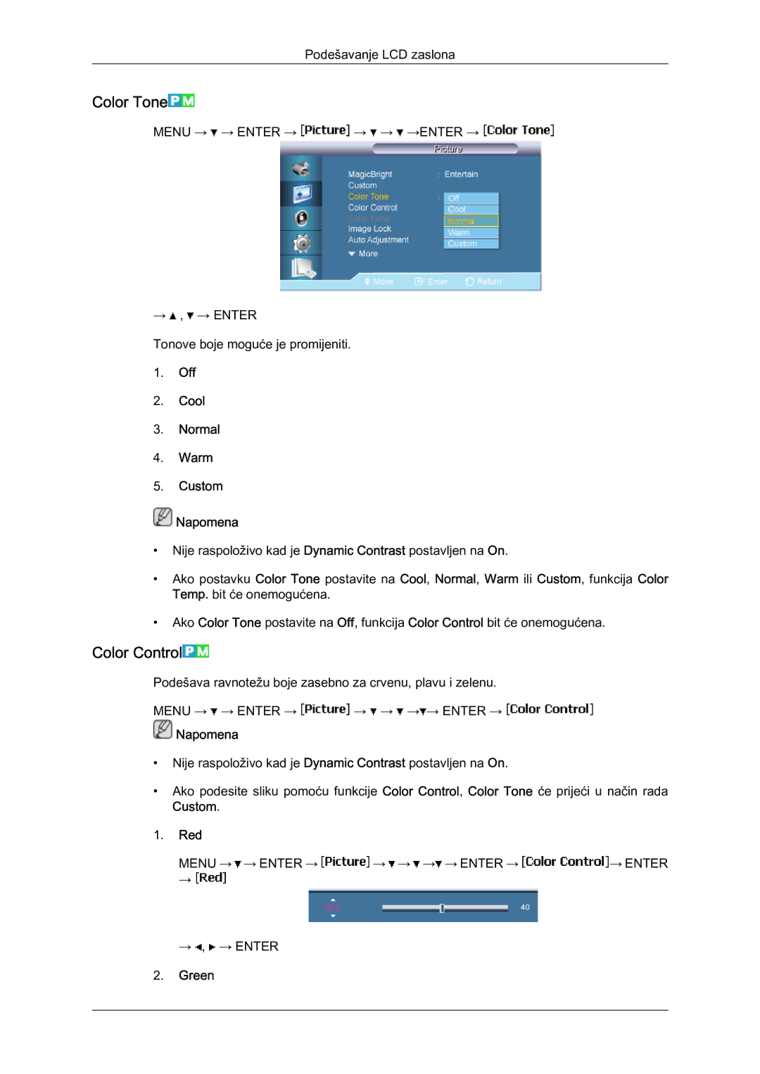 Samsung LH65MGQLBF/EN manual Color Tone, Color Control, Off Cool Normal Warm Custom Napomena, Custom Red, Green 