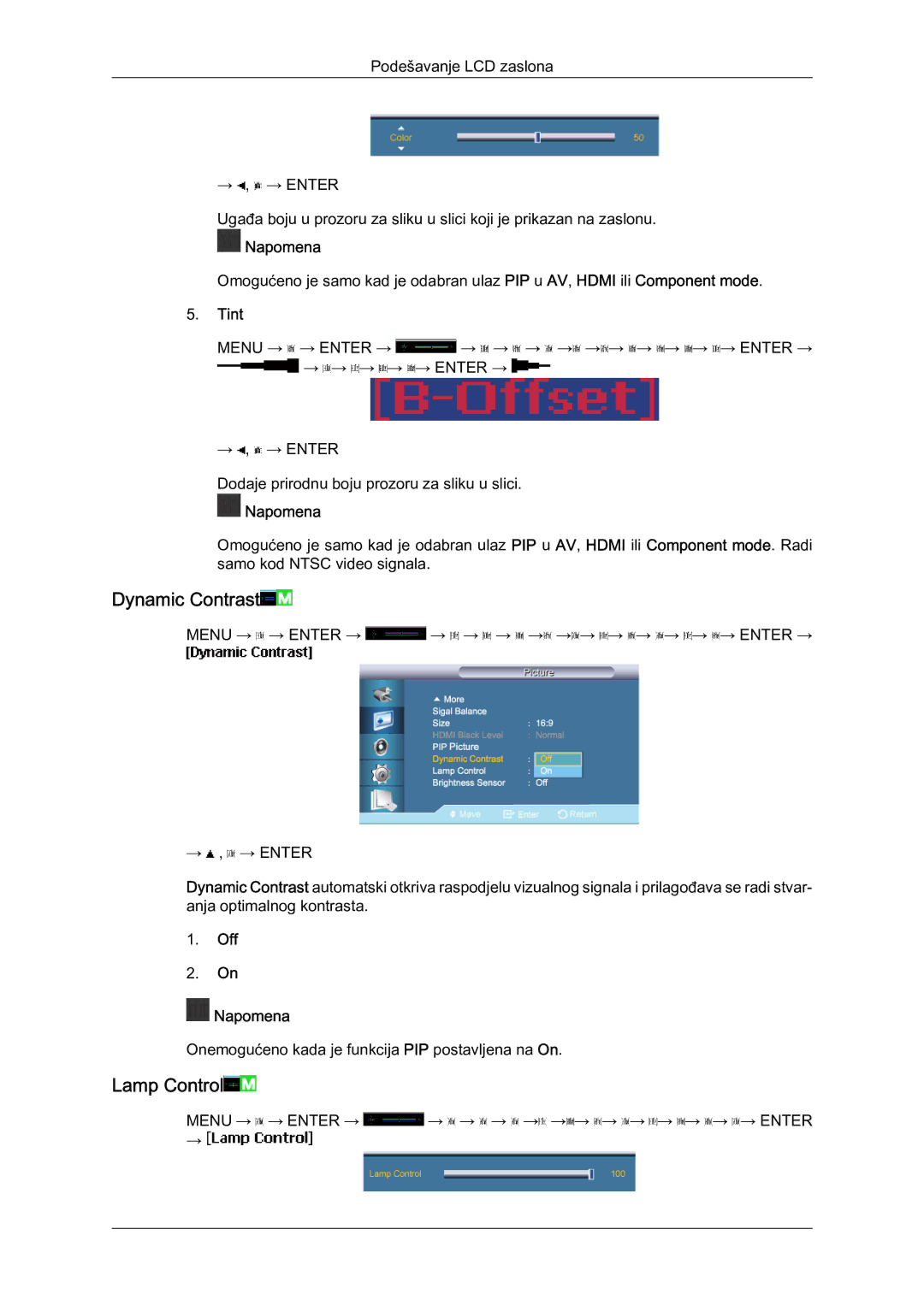 Samsung LH65MGQLBF/EN manual Dynamic Contrast, Lamp Control, Tint, Off Napomena 
