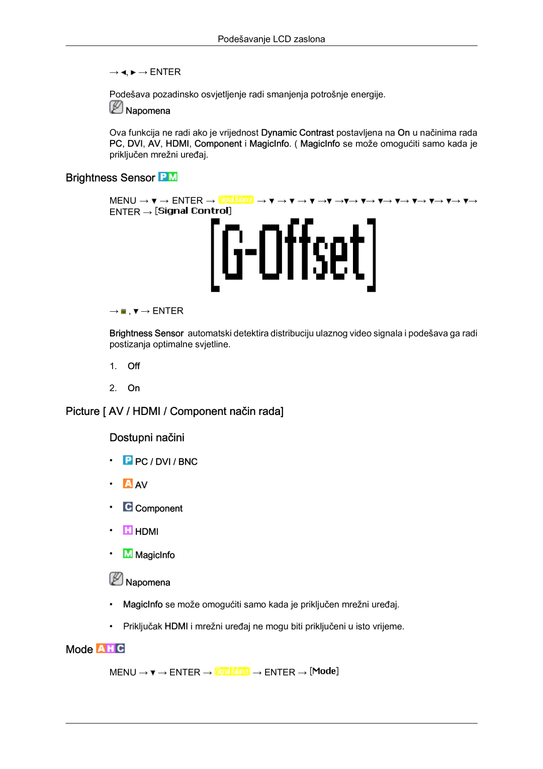 Samsung LH65MGQLBF/EN manual Brightness Sensor, Picture AV / Hdmi / Component način rada Dostupni načini, Mode 