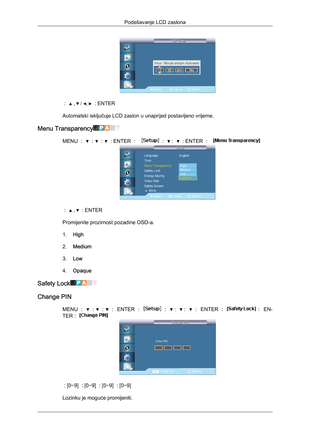 Samsung LH65MGQLBF/EN manual Menu Transparency, Safety Lock Change PIN, High Medium Low Opaque 