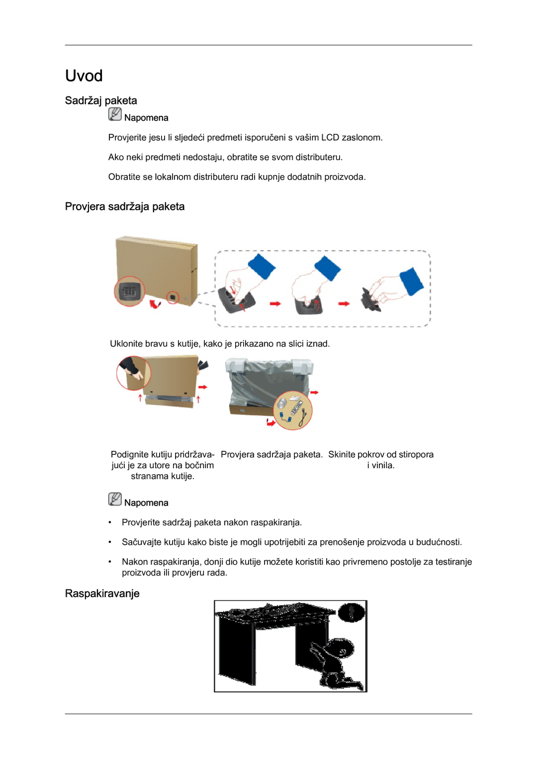 Samsung LH65MGQLBF/EN manual Sadržaj paketa, Provjera sadržaja paketa, Raspakiravanje 