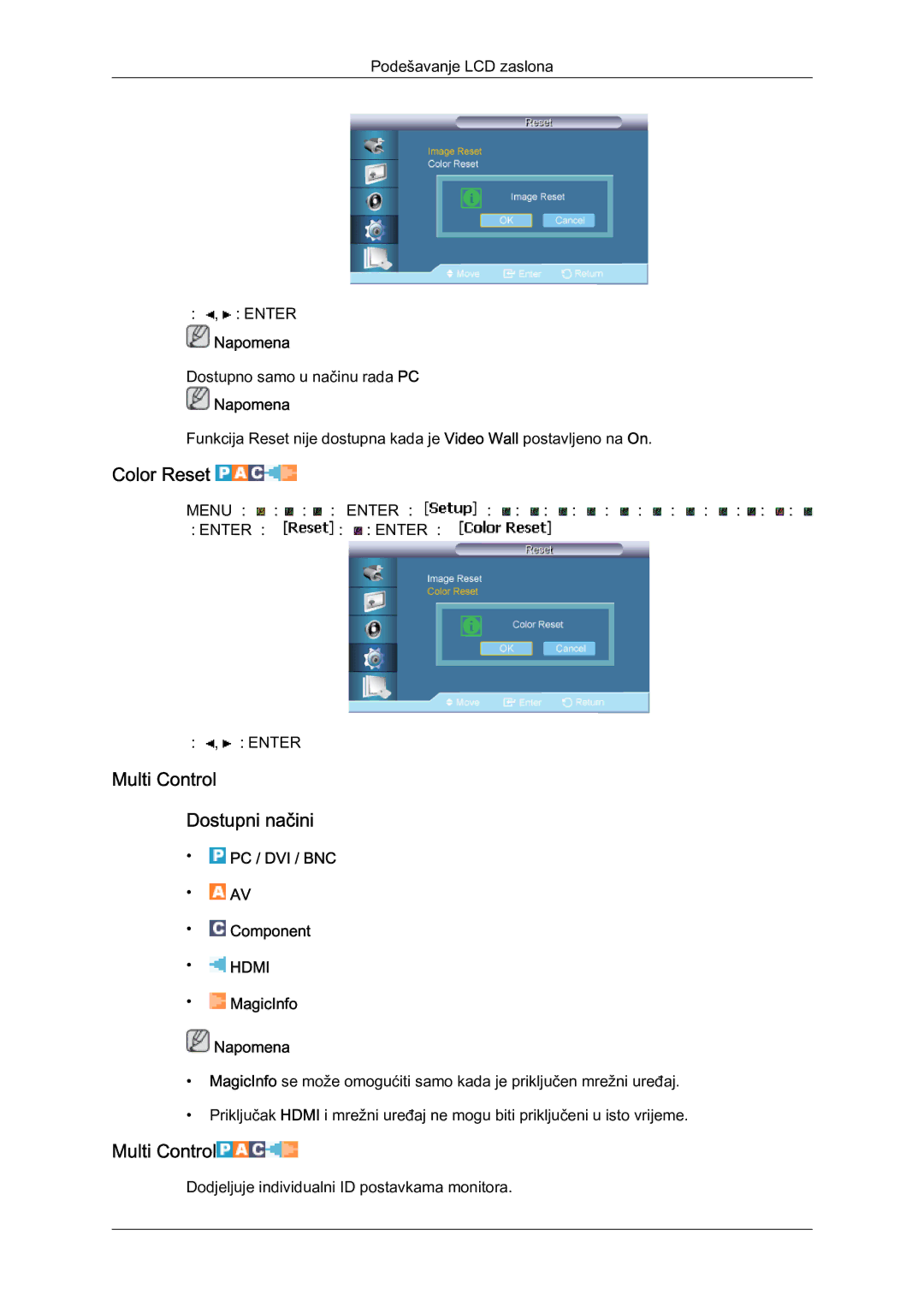 Samsung LH65MGQLBF/EN manual Color Reset, Multi Control Dostupni načini 