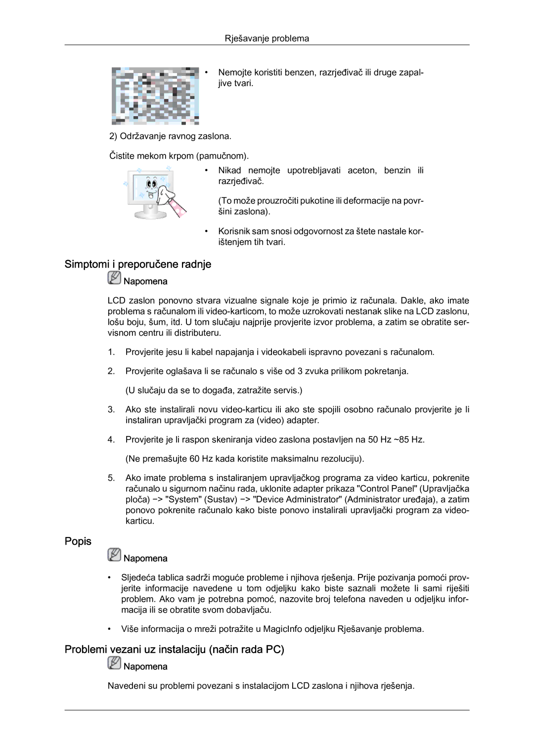 Samsung LH65MGQLBF/EN manual Simptomi i preporučene radnje, Popis, Problemi vezani uz instalaciju način rada PC 