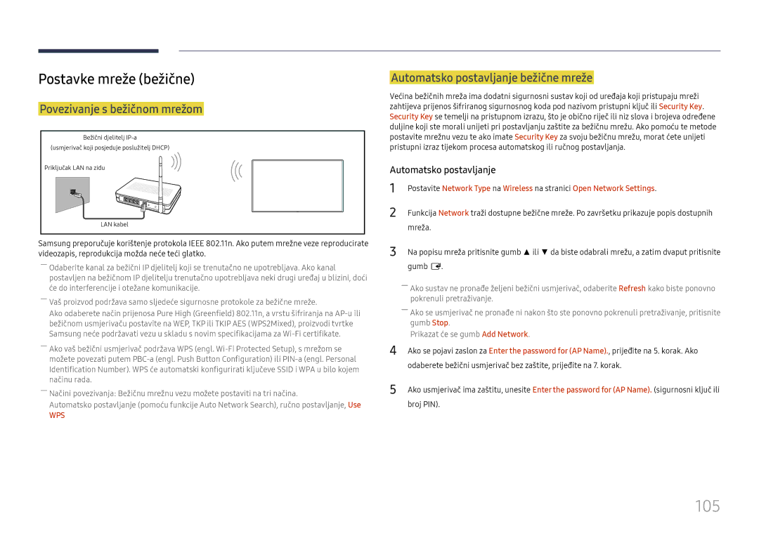 Samsung LH65QMHPLGC/EN 105, Postavke mreže bežične, Povezivanje s bežičnom mrežom, Automatsko postavljanje bežične mreže 