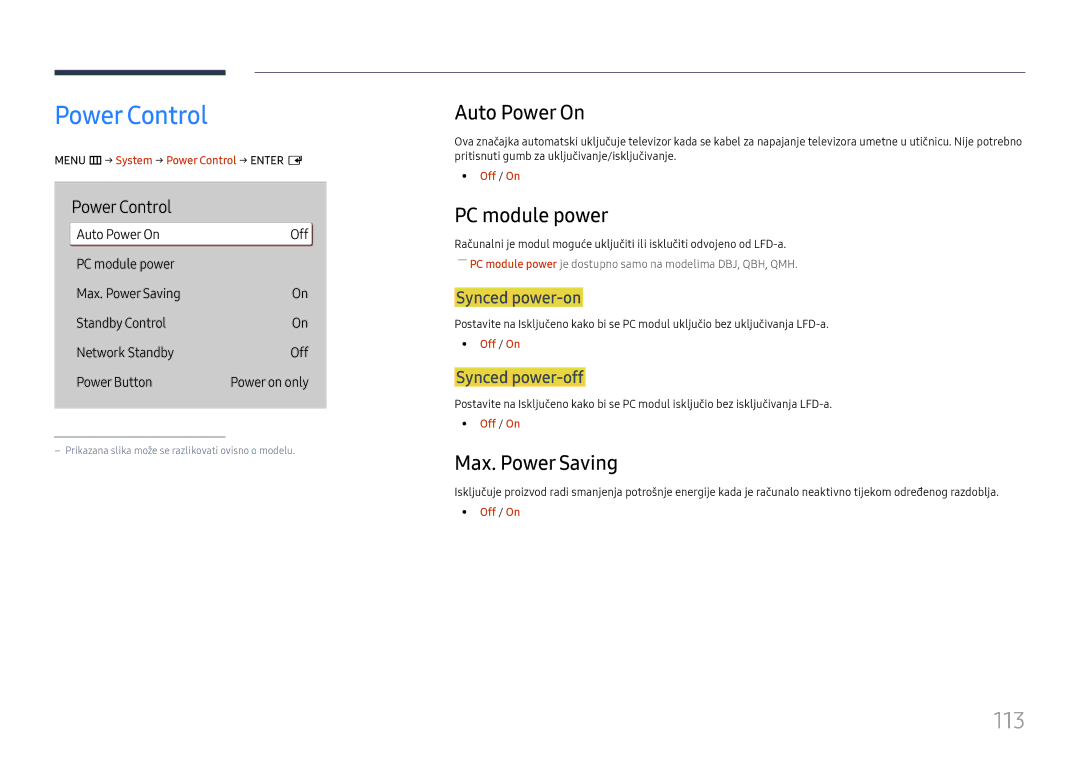 Samsung LH65QMHPLGC/EN, LH65QBHPLGC/EN manual Power Control, 113, Auto Power On, PC module power, Max. Power Saving 