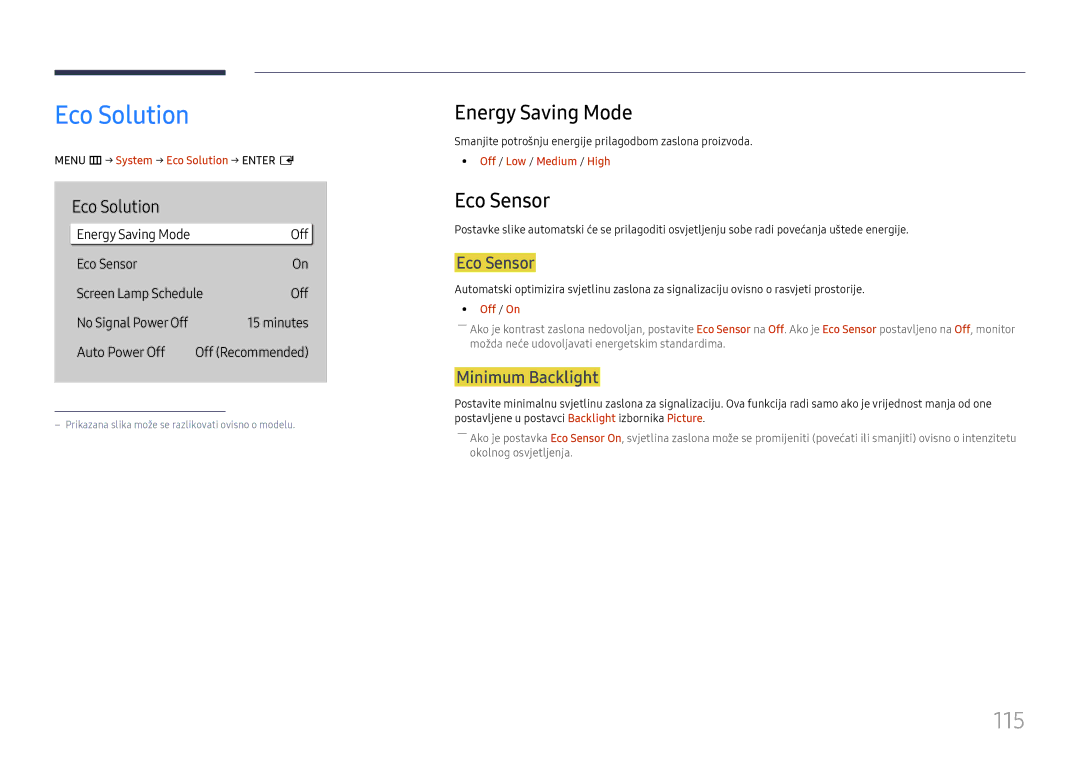 Samsung LH65QMHPLGC/EN, LH65QBHPLGC/EN manual Eco Solution, 115, Energy Saving Mode, Eco Sensor 