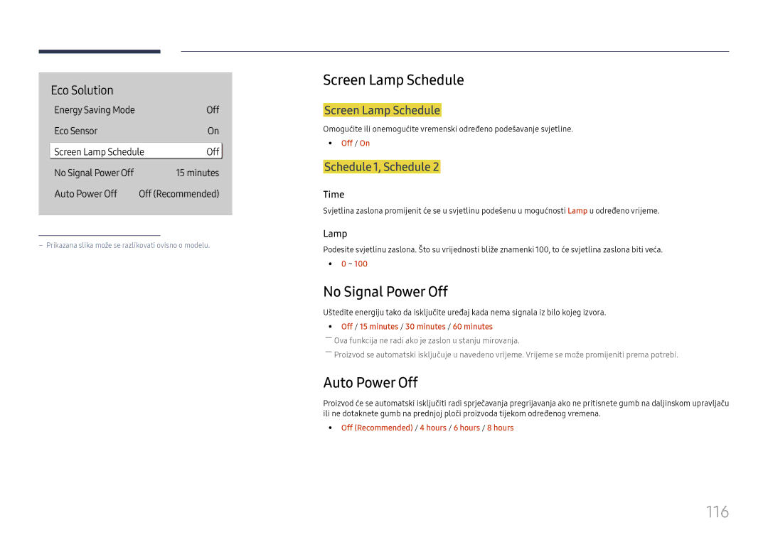 Samsung LH65QBHPLGC/EN, LH65QMHPLGC/EN manual 116, Screen Lamp Schedule, No Signal Power Off, Auto Power Off 