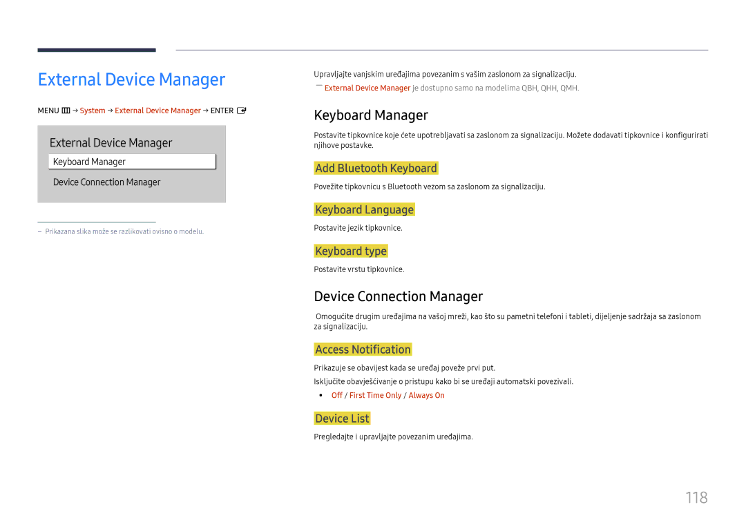 Samsung LH65QBHPLGC/EN, LH65QMHPLGC/EN manual External Device Manager, 118, Keyboard Manager, Device Connection Manager 