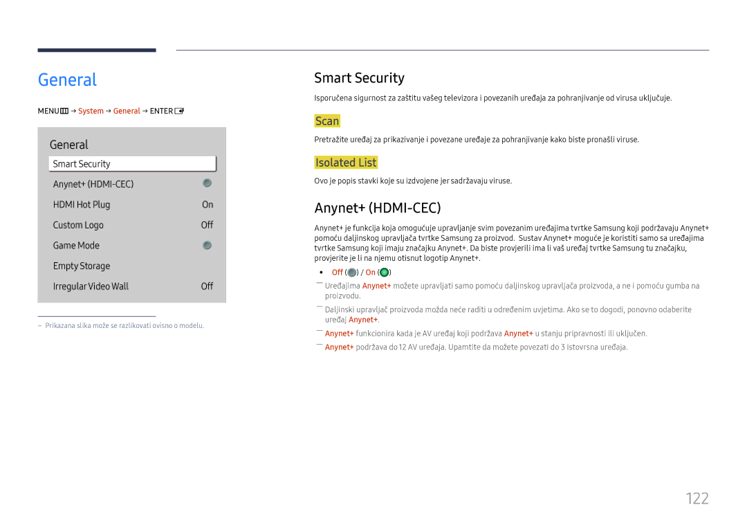 Samsung LH65QBHPLGC/EN, LH65QMHPLGC/EN manual General, 122, Smart Security, Anynet+ HDMI-CEC 