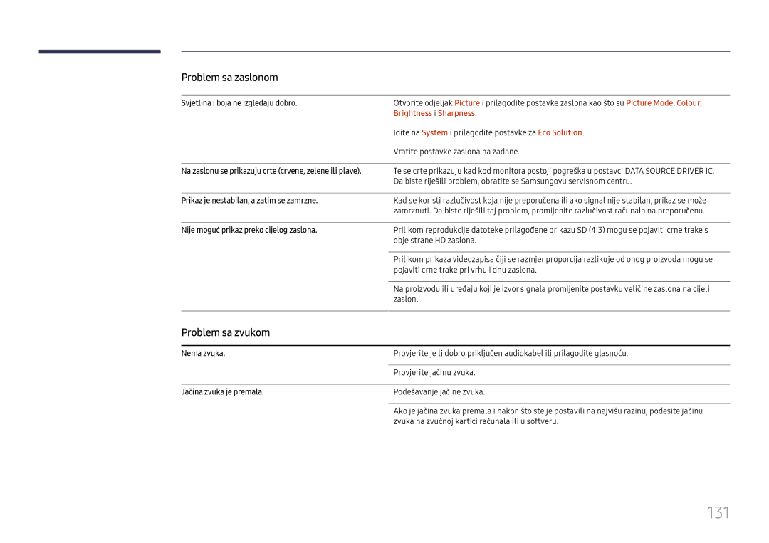 Samsung LH65QMHPLGC/EN, LH65QBHPLGC/EN manual 131, Problem sa zvukom, Brightness i Sharpness 