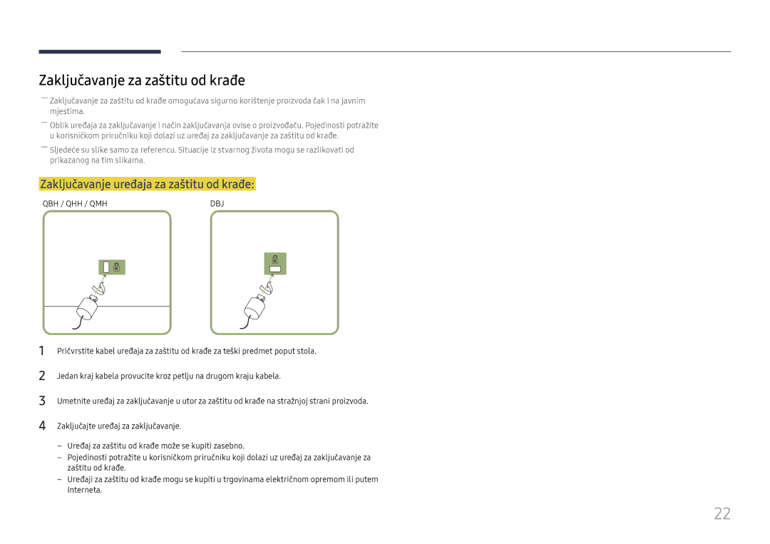 Samsung LH65QBHPLGC/EN, LH65QMHPLGC/EN manual Zaključavanje za zaštitu od krađe, Zaključavanje uređaja za zaštitu od krađe 