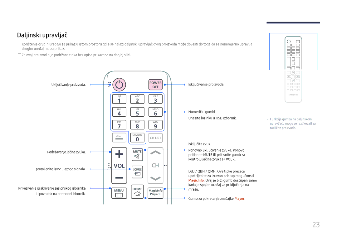 Samsung LH65QMHPLGC/EN, LH65QBHPLGC/EN manual Daljinski upravljač, Uključivanje proizvoda 